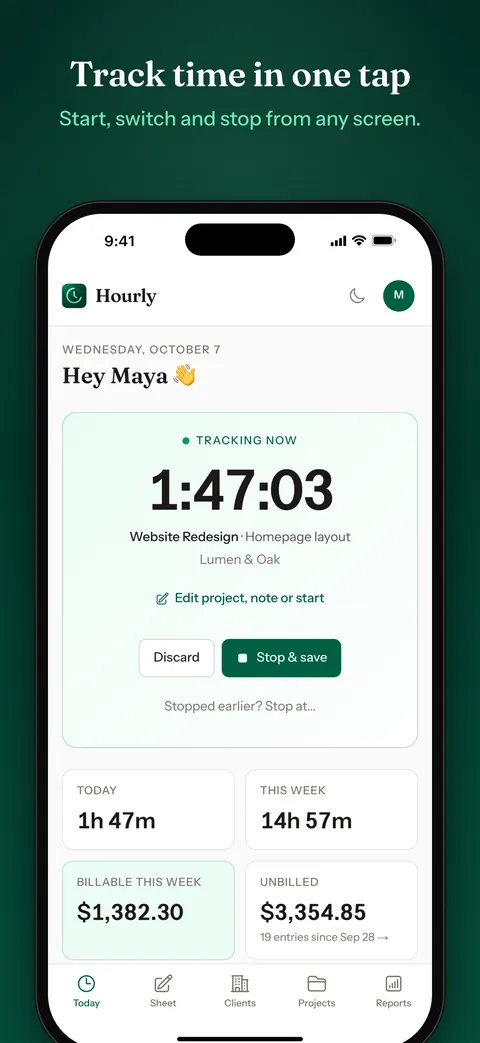 Today in the iPhone app: a timer running at 1:47:03 on Website Redesign, with today, this week, billable and unbilled totals.