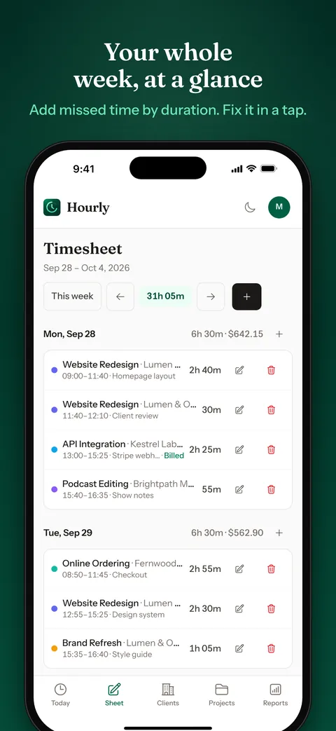 The weekly timesheet in the iPhone app, with each day's entries, times and totals.